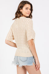 Beige Knit Button Collared Top