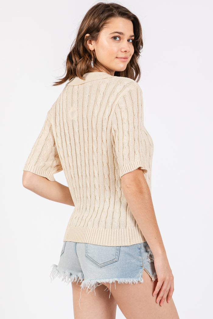 Beige Knit Button Collared Top