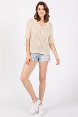 Beige Knit Button Collared Top