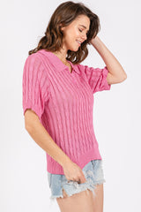 Pink Knit Button Collared Top