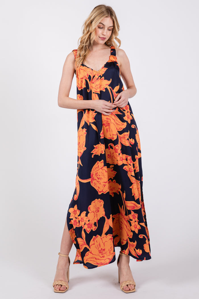 Navy Floral Ruched Strap V-Neck Maternity Midi Dress