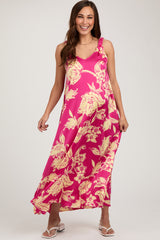 Fuchsia Floral Ruched Strap V-Neck Maternity Midi Dress