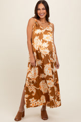 Mocha Floral Ruched Strap V-Neck Maternity Midi Dress