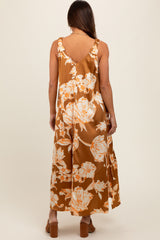 Mocha Floral Ruched Strap V-Neck Maternity Midi Dress