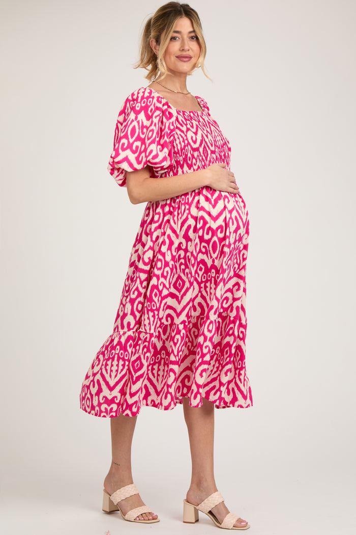 Fuchsia Square Neck Smocked Ruffle Maternity Midi Dress