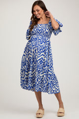 Royal Blue Square Neck Smocked Ruffle Maternity Midi Dress