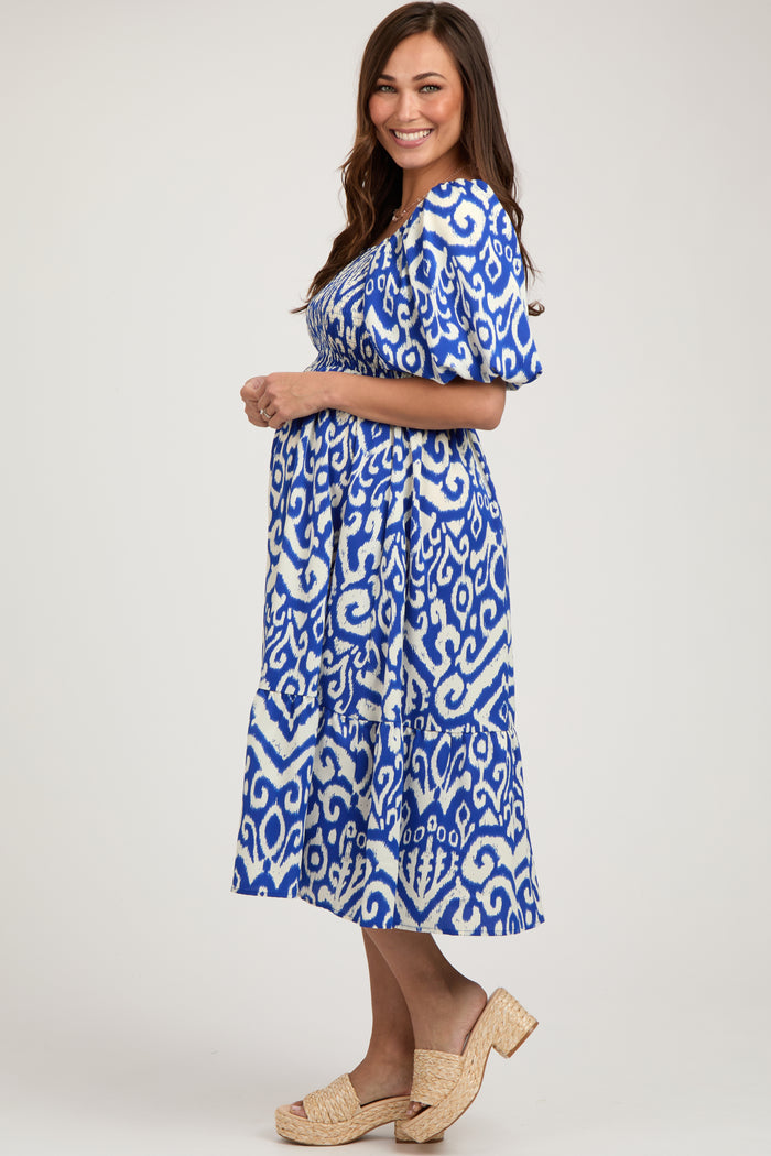 Royal Blue Square Neck Smocked Ruffle Maternity Midi Dress
