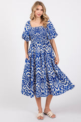 Royal Blue Square Neck Smocked Ruffle Maternity Midi Dress