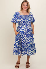 Royal Printed Smocked Puff Sleeve Plus Maternity Midi Dress