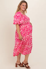 Fuchsia Printed Smocked Puff Sleeve Plus Maternity Midi Dress