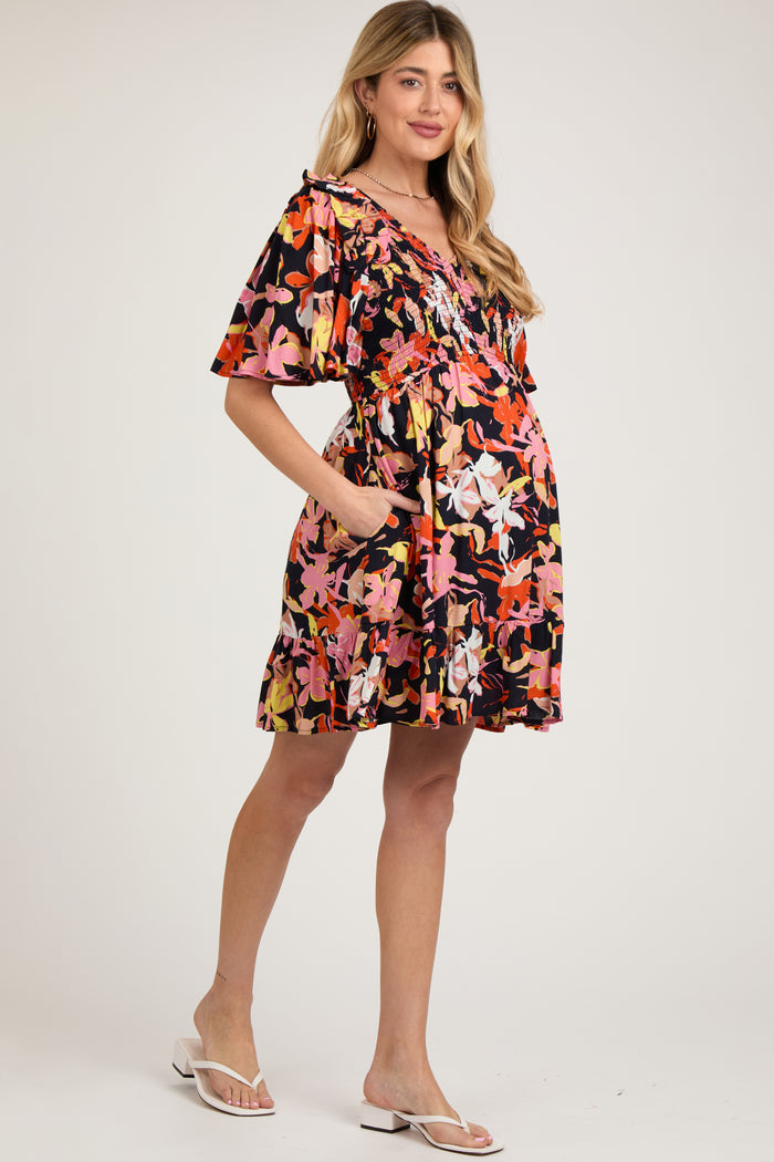 Navy Floral Smocked Ruffle Hem Maternity Dress