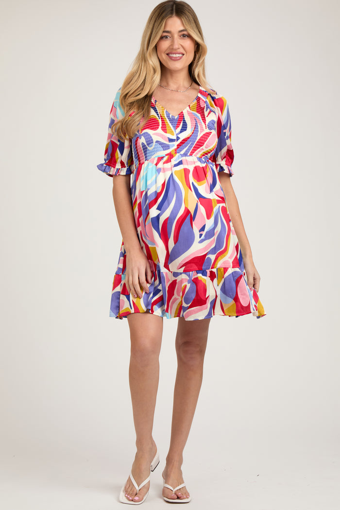 Coral Abstract Print Smocked Maternity Dress