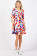 Coral Abstract Print Smocked Dress