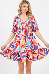 Coral Abstract Print Smocked Dress