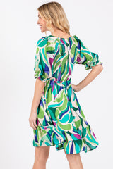 Emerald Green Abstract Print Smocked Dress