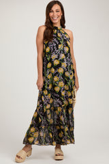 Black Floral Halter Maternity Maxi Dress