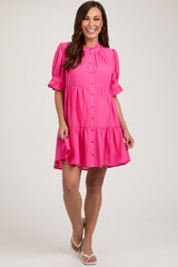 Fuchsia Buttoned Down Short Sleeve Maternity Dress