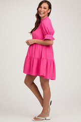 Fuchsia Buttoned Down Short Sleeve Maternity Dress