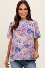 Blue Floral Puff Sleeve Maternity Blouse