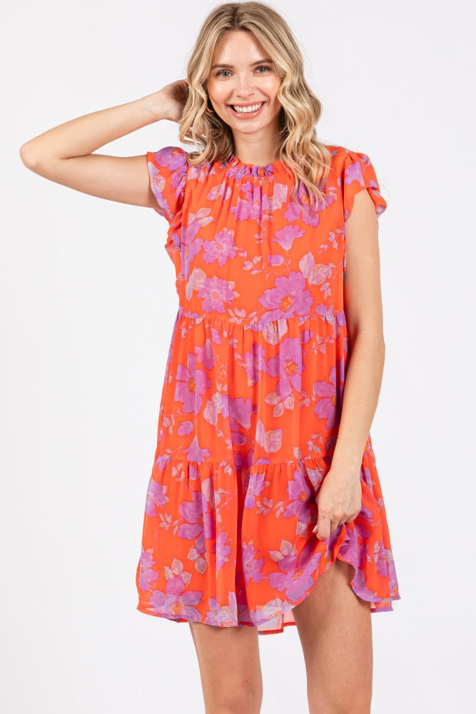 Red Orange Floral Tiered Mini Dress