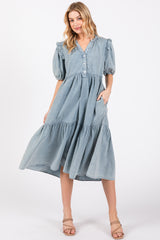 Blue Denim Button Front Short Sleeve Tiered Midi Dress