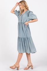 Blue Denim Button Front Short Sleeve Tiered Midi Dress