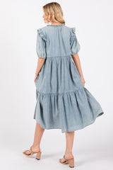 Blue Denim Button Front Short Sleeve Tiered Midi Dress