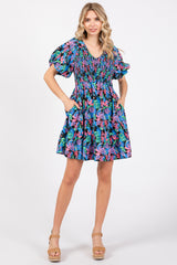 Blue Multi-Color Tropical Print Ruffle Hem Dress