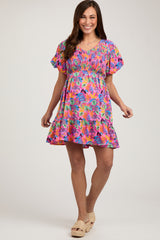 Pink Multi-Color Tropical Print Ruffle Hem Maternity Dress