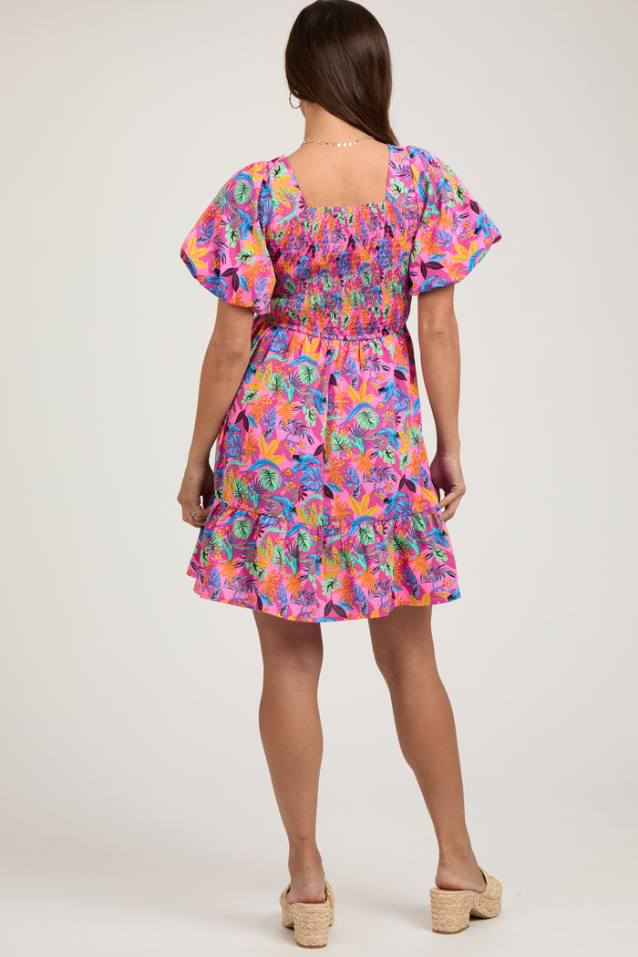 Pink Multi-Color Tropical Print Ruffle Hem Maternity Dress