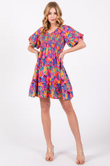 Pink Multi-Color Tropical Print Ruffle Hem Dress