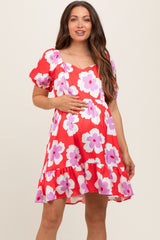 Red Floral Ruffle Hem Maternity Dress