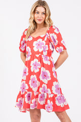 Red Floral Ruffle Hem Dress