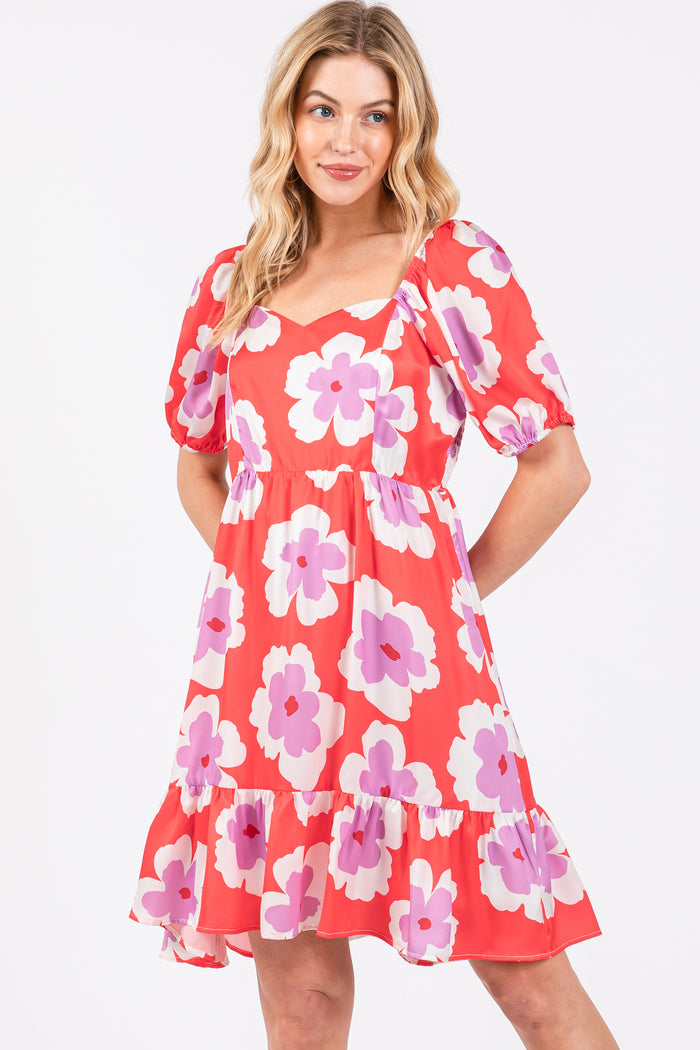 Red Floral Ruffle Hem Maternity Dress
