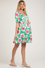 Green Floral Ruffle Hem Maternity Dress