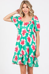 Green Floral Ruffle Hem Dress