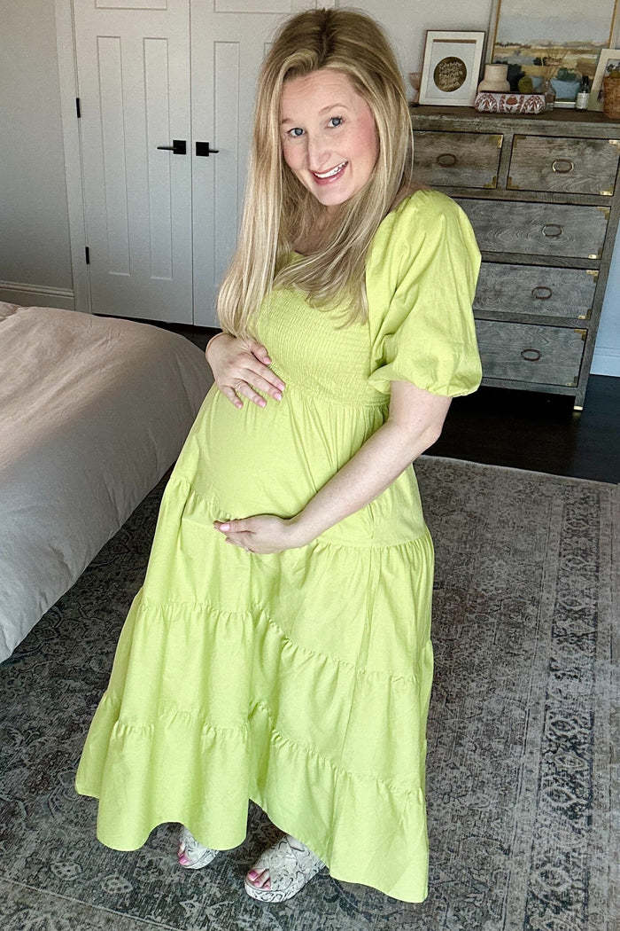 Light Olive Smocked Square Neck Puff Sleeve Tiered Maternity Maxi Dress
