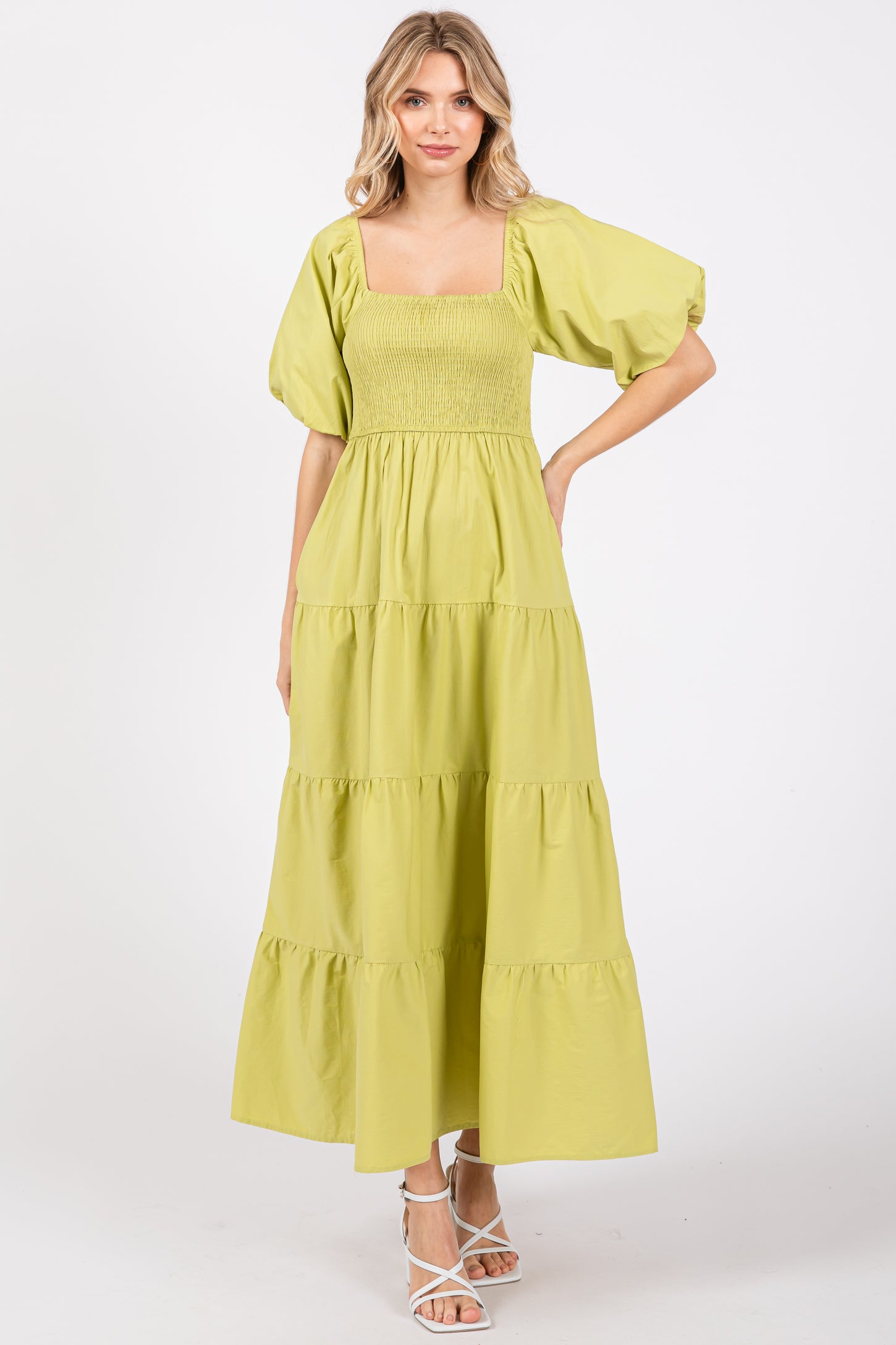 Light Olive Smocked Square Neck Puff Sleeve Tiered Maternity Maxi Dress