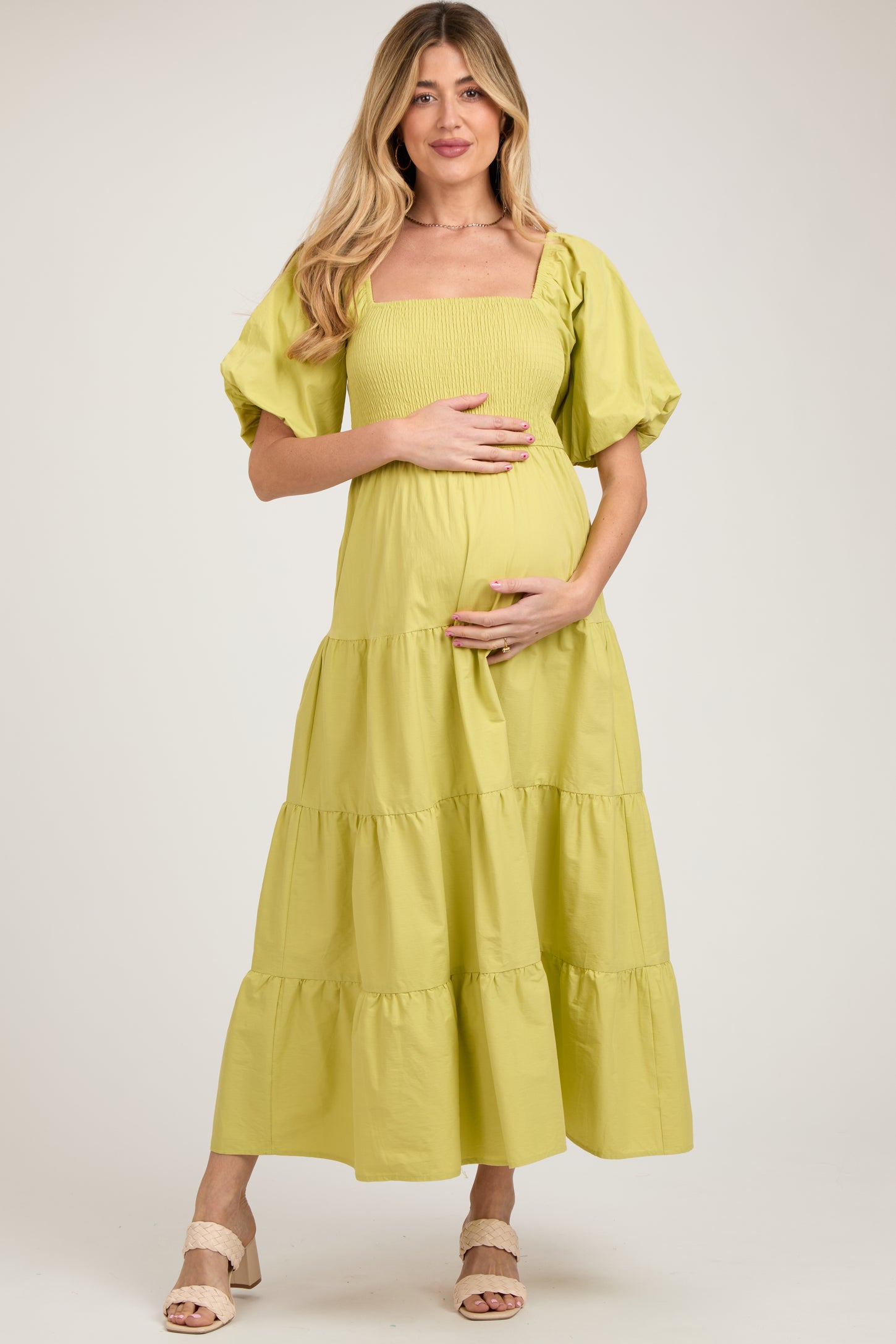Light Olive Smocked Square Neck Puff Sleeve Tiered Maternity Maxi Dress