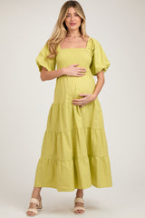 Light Olive Smocked Square Neck Puff Sleeve Tiered Maternity Maxi Dress