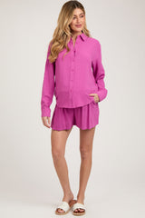 Fuchsia Linen Button Down Long Sleeve Maternity Short Set