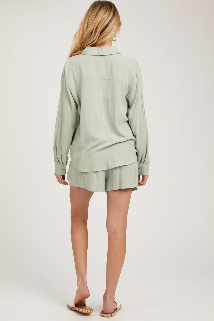 Mint Green Linen Button Down Long Sleeve Maternity Short Set