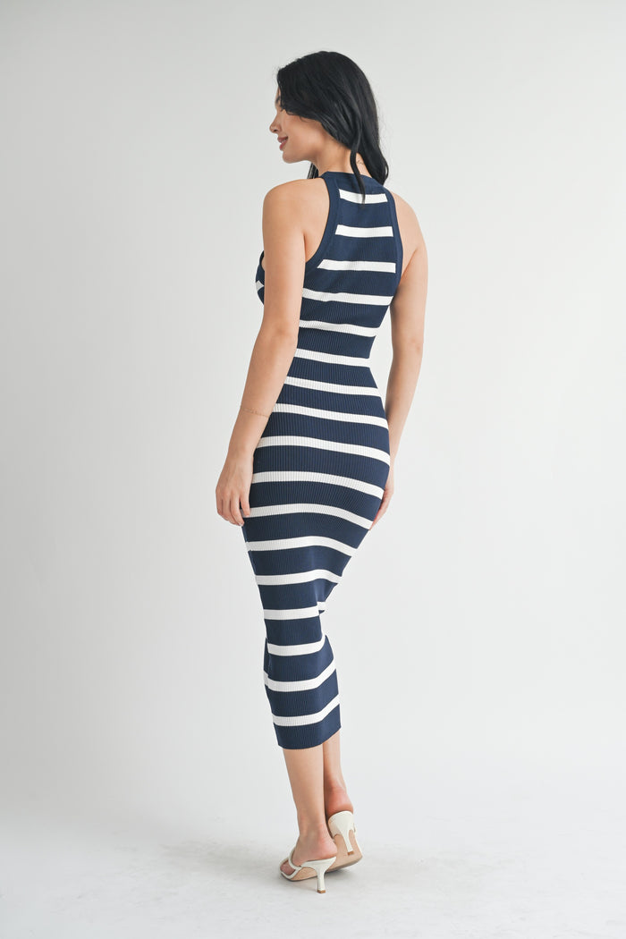 Navy Striped Fitted Knit Dress