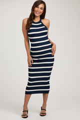 Navy Striped Fitted Maternity Knit Dress