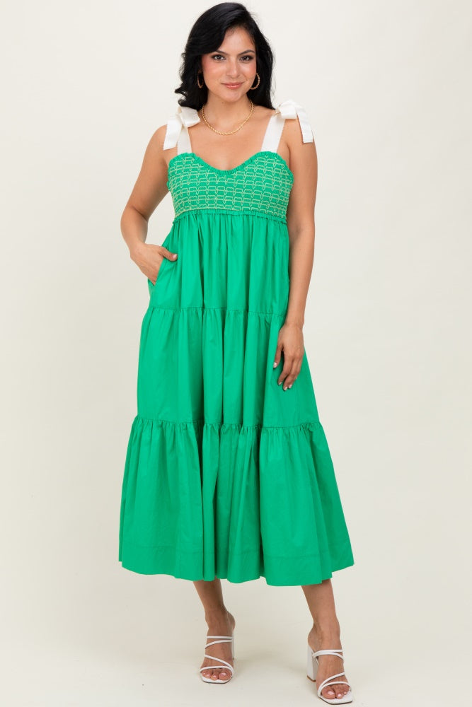Green Ribbon Strap Tiered Maxi Dress