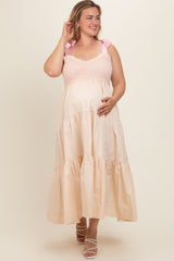 Cream Ribbon Strap Tiered Plus Maternity Maxi Dress