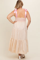 Cream Ribbon Strap Tiered Plus Maternity Maxi Dress