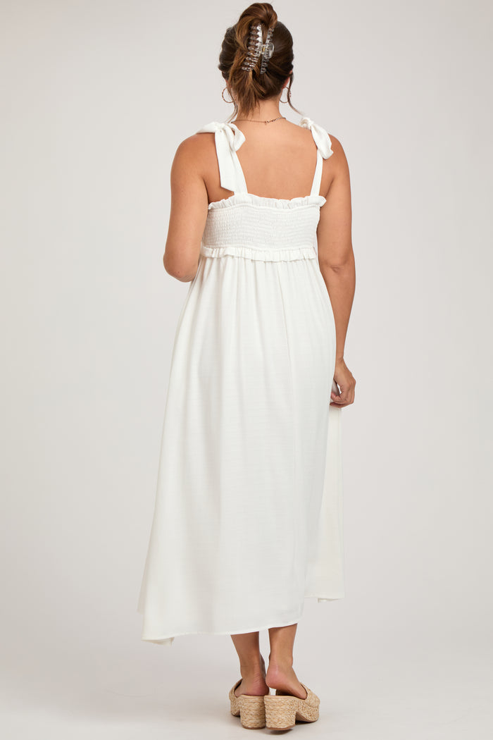 White Ruffle Accent Shoulder Tie Maternity Midi Dress
