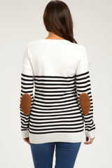 White Striped Elbow Patch Knit Maternity Sweater