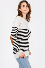 White Striped Elbow Patch Knit Sweater